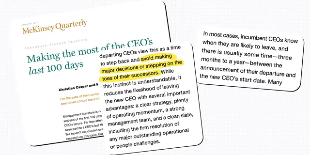 McKinsey Quarterly article discussing how departing CEOs avoid major decisions, leaving problems for successors