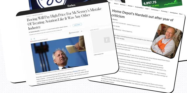 News articles discussing the struggles of former GE executives Jim McNerney at Boeing and Robert Nardelli at Home Depot
