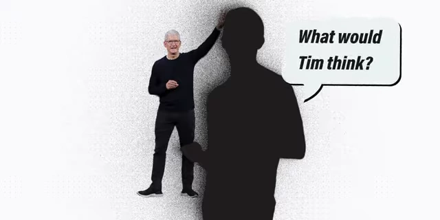 Graphic illustrating the 'shadow effect' of a former CEO (Tim Cook) over a new leader