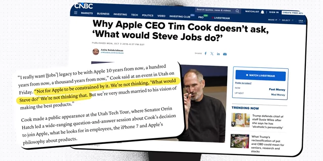 CNBC article discussing Tim Cook's approach to Steve Jobs's legacy, avoiding the 'What would Steve Jobs do?' dynamic