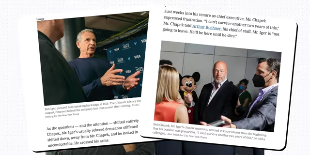 News articles showing Bob Iger's continued involvement and Bob Chapek's frustration during their transition at Disney