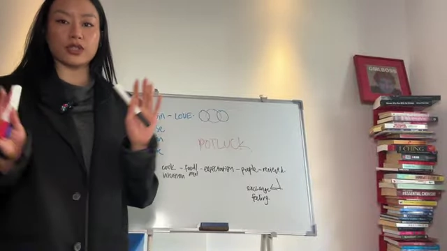 A whiteboard outlines the different factors involved in the potluck analogy, including intention, food, expectation, people, and feelings.