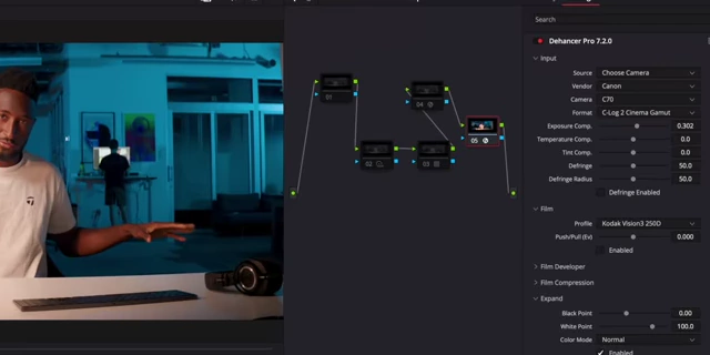 Dehancer plugin interface with camera and log profile selection