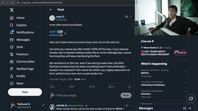 Twitter post showing low mnav values for SBET and BMNR, suggesting these ETH treasury companies are running out of steam