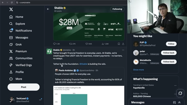 Tether's Stable blockchain announcing a $28M seed round, highlighting its gas-free USDT rails