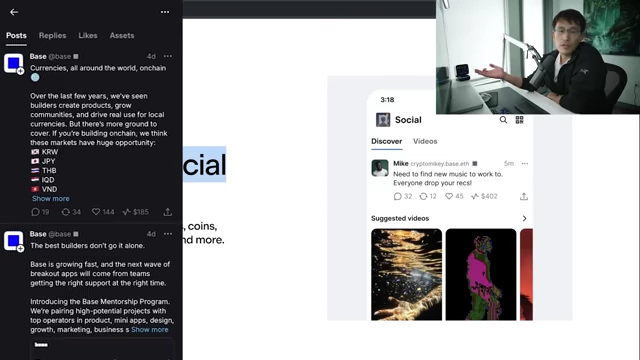 Base app's social feed, demonstrating its Twitter-like features and discussion around currencies