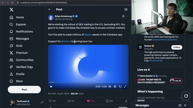 Coinbase CEO Brian Armstrong's announcement of upcoming Solana DEX integration in the Coinbase app