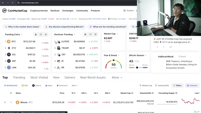 CoinMarketCap's trending coins, including major cryptocurrencies and popular meme coins