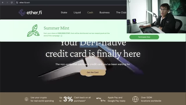 Ether.fi website promoting their DeFi-native credit card with up to 3% cash back on purchases