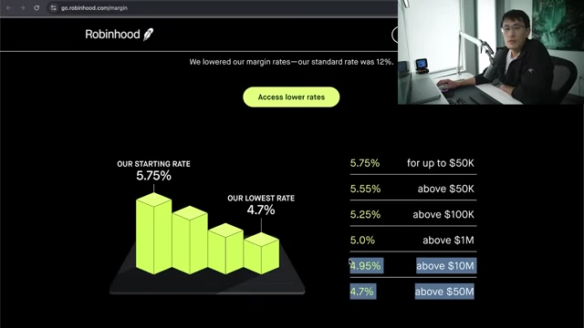 Robinhood's tiered margin rates, with the lowest rate reaching 4.7% for loans above $50M