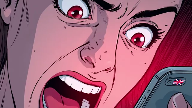 An angry woman consumed by her phone, illustrating the concept of "rage bait"