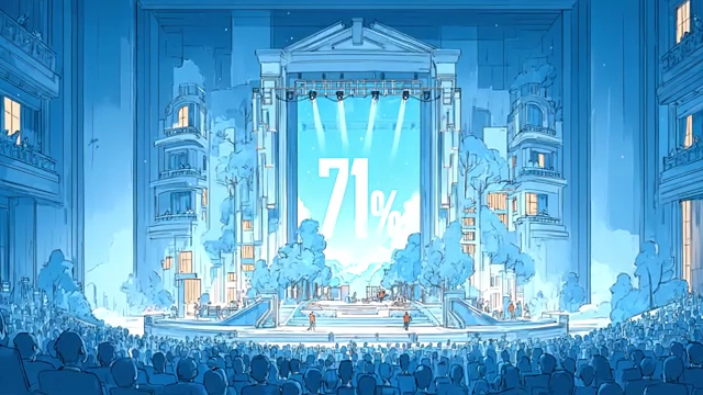 A large screen displaying "71%" to an audience, representing widespread public pessimism