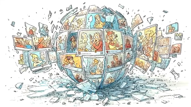 A globe shattered by cracks and surrounded by digital screens, symbolizing a global crisis of perception