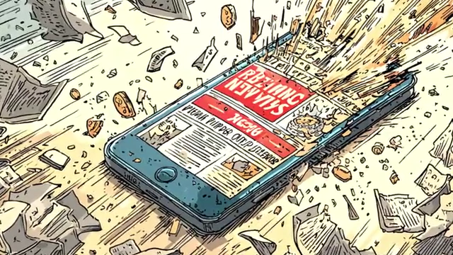A smartphone shattering with news articles flying out, symbolizing the destructive impact of digital hyperbole