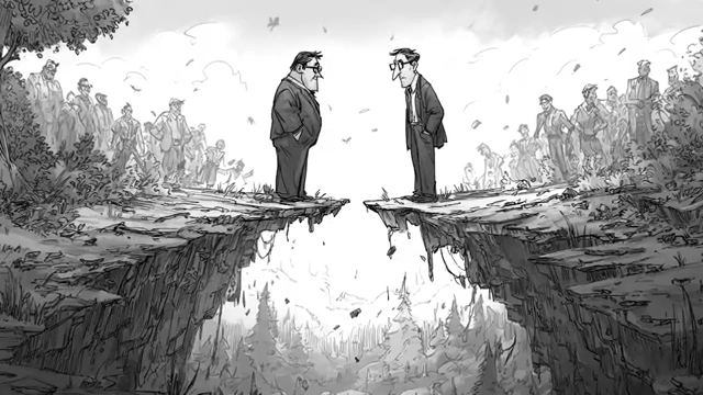 Two groups facing each other across a chasm, symbolizing deep political polarization