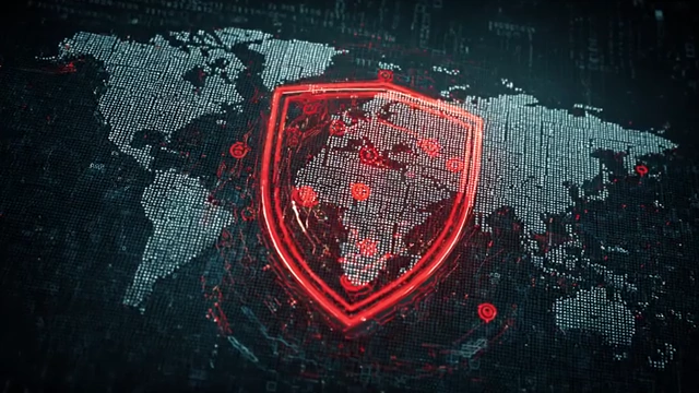 A red shield protecting a world map from threats, symbolizing Singapore's POFMA law