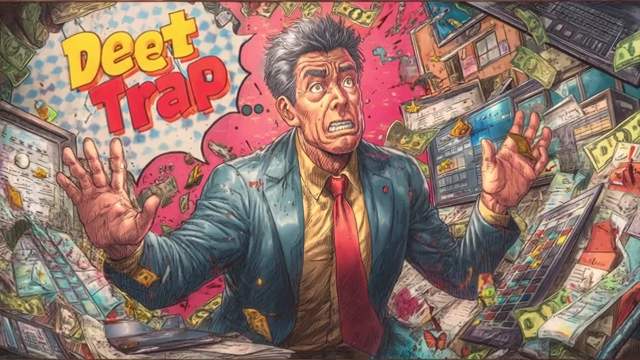 A man trapped and terrified amidst money and "Debt Trap" text, symbolizing the sensationalized narrative