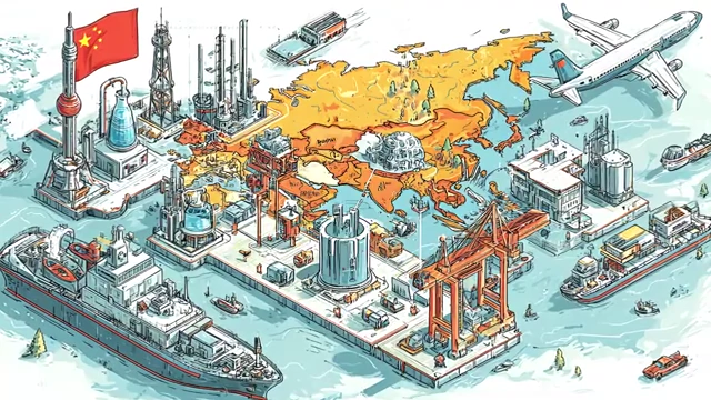An infographic showing various Chinese industries and infrastructure across a map, illustrating the economic drivers of BRI