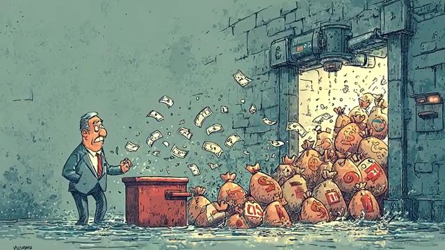 A man standing outside a building from which money is pouring into a box, symbolizing elite self-dealing