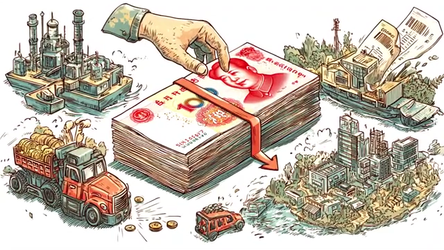 A hand placing money onto a stack, surrounded by images of infrastructure and industry, depicting a commercial transaction