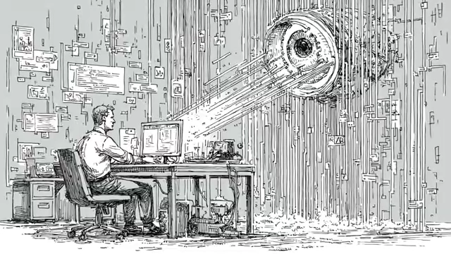 A man at a desk with a computer, bombarded by digital information streaming from a wall-mounted eye-like device, symbolizing the challenge of information consumption