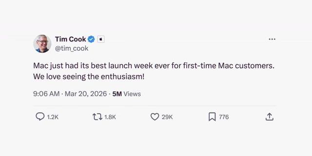 蒂姆·库克发布的推文，表示 Mac 迎来了首次 Mac 客户的最佳发布周