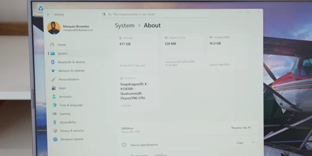 宏碁 Aspire 16 的系统信息，显示其搭载骁龙处理器