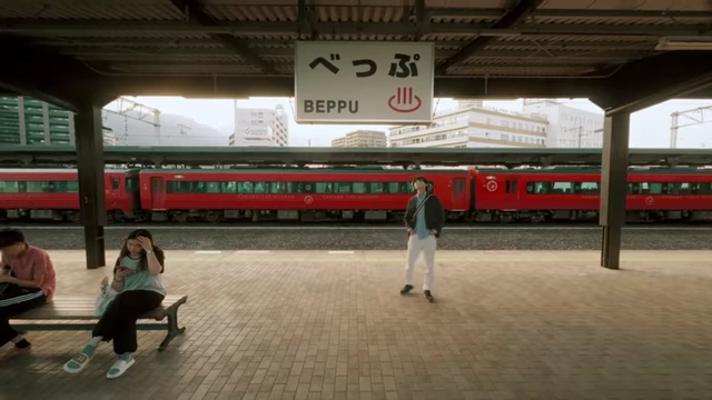 The unique Sonic Limited Express train at Beppu station, featuring an industrial exterior and a futuristic interior