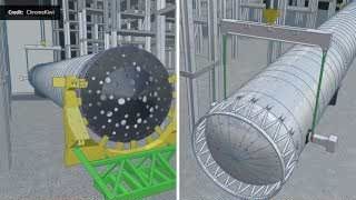 A render illustrating the breakover operation of a Starship or Super Heavy from horizontal transport to vertical using a crane.