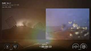 Falcon 9 Booster 1071 landing on a drone ship in a split-screen view.