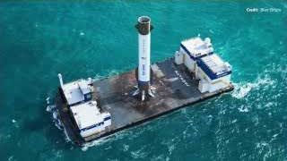 An illustration of a Falcon 9 booster on a landing barge, providing a size comparison with China's Long March 10B.