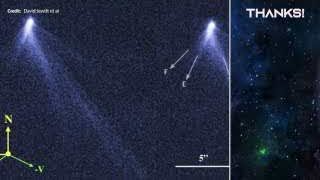 An image showing asteroid 2013 P5 with multiple comet-like tails.
