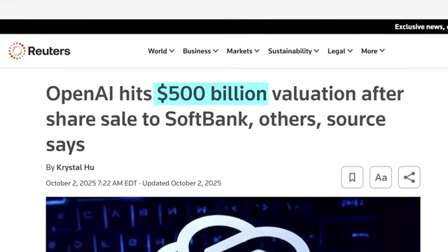 Headline: OpenAI hits $500 billion valuation after share sale to SoftBank, others