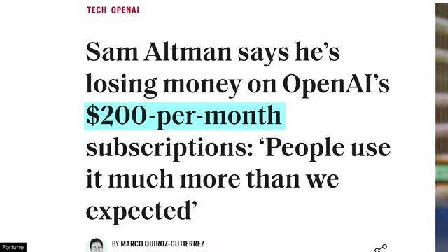 Headline: Sam Altman says he's losing money on OpenAI's $200-per-month subscriptions