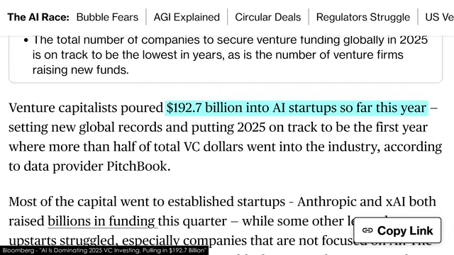 Bloomberg article reporting venture capitalists poured $192.7 billion into AI startups