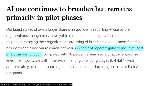 McKinsey report showing 88 percent of organizations report regular AI use in at least one business function