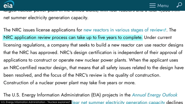 EIA text stating NRC application review process can take up to five years to complete for nuclear reactors