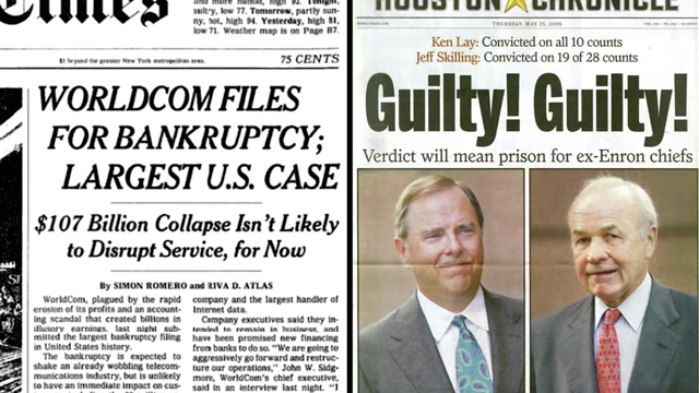 Newspaper clippings showing WorldCom and Enron fraud headlines