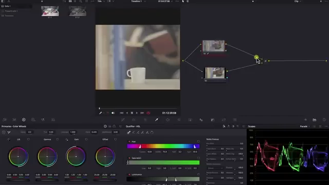 A DaVinci Resolve UI showing a Layer Mixer node with two inputs, illustrating how layers are combined, with the bottom input acting as the top layer, and the option for composite modes.