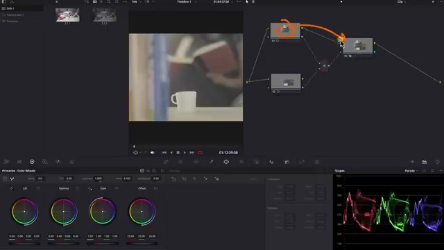 A DaVinci Resolve UI showing a Key Mixer node combining a circular mask from one node and a rectangular mask from another, sending the combined mask to a final node.