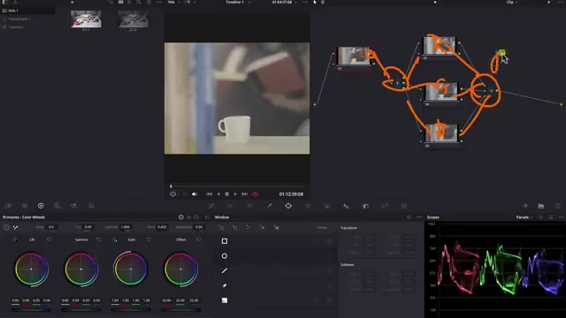 A detailed view of the Splitter and Combiner nodes in DaVinci Resolve, demonstrating how an image's Red, Green, and Blue channels are separated, processed in individual corrector nodes, and then recombined.