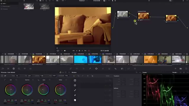 A DaVinci Resolve UI demonstrating color adjustments being applied directly to a compound node, highlighting the potential for changes to be lost upon decomposition.