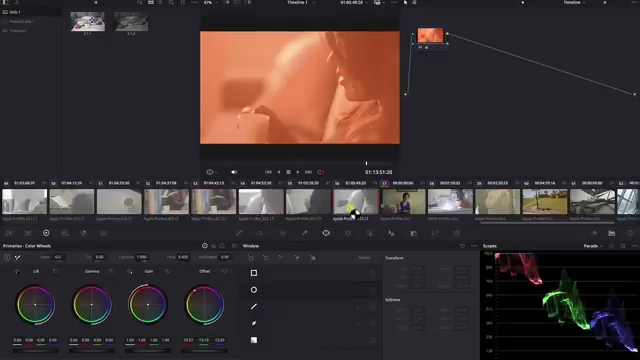 A DaVinci Resolve UI showing a red color grade applied to all clips in the timeline via a node in the Timeline space.