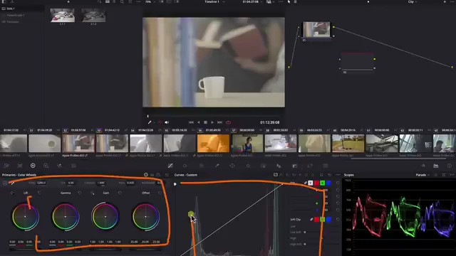 A DaVinci Resolve UI showing a Corrector Node and the associated color wheels and curves control panels where adjustments are made.