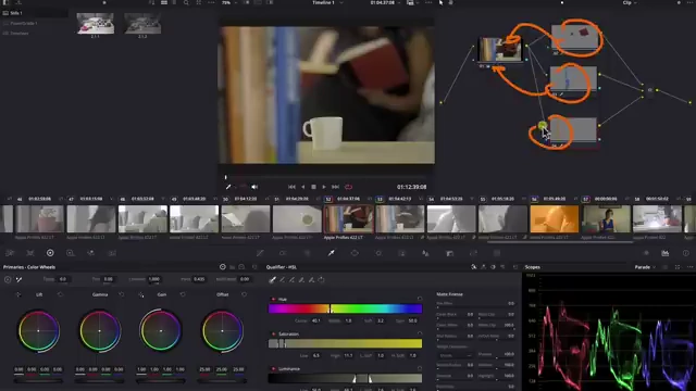 An example showing color selections (red, blue) being applied in parallel nodes connected to a single source, using a Parallel Mixer to combine them.