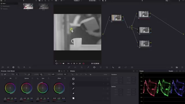 A DaVinci Resolve UI showing a Splitter node separating an image into its individual Red, Green, and Blue channels, with the Red channel connected to a corrector node and displayed in grayscale.
