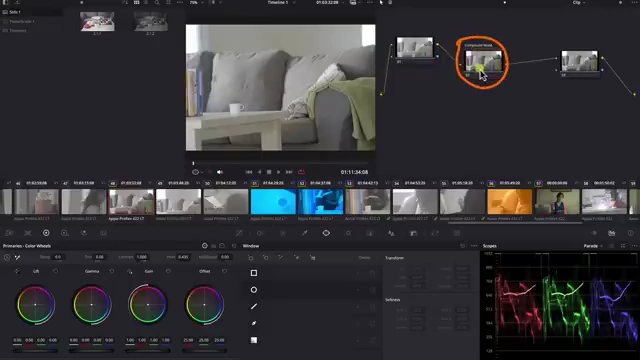 A DaVinci Resolve UI showing a compound node selected in the main graph, illustrating that it can be treated as a node itself, allowing direct adjustments.