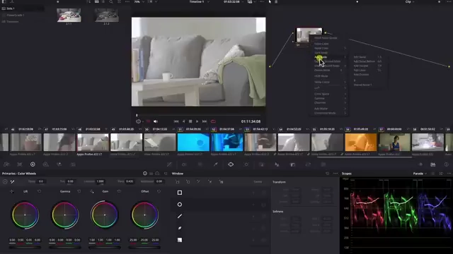 A screenshot of the DaVinci Resolve UI showing the right-click context menu for a node, listing various options for node management and functionality.