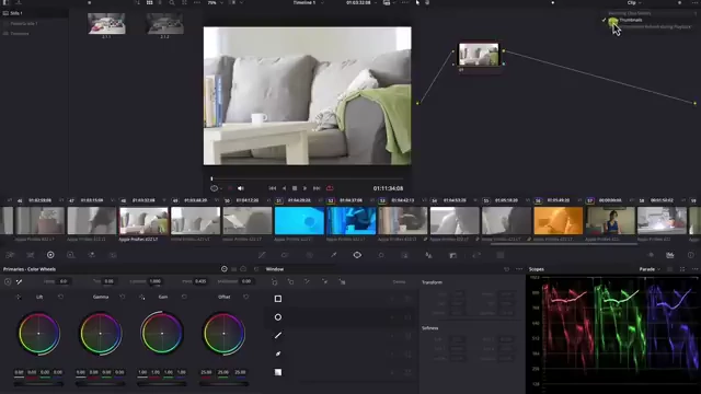 A screenshot of the DaVinci Resolve UI showing the option to show or hide node thumbnails in the node graph for better organization and performance.
