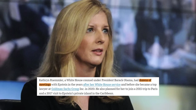 Kathryn Ruemmler speaking in an interview, with text outlining her career path from White House counsel to top lawyer at Goldman Sachs, including her meetings with Epstein.